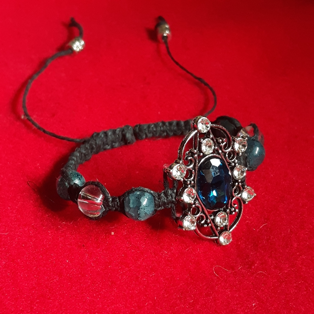 Ocean Blue Crystal Hemp Adjustable Bracelet W/Glass Beads Handmade